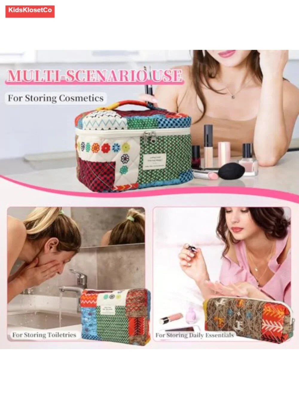 Quilted Cotton Travel Makeup Bag Set of 3 Floral Toiletry Cosmetic Organizer